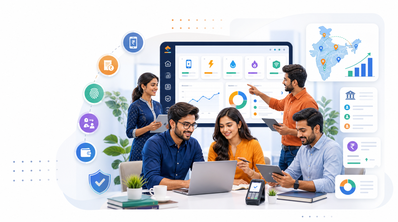 Duepe fintech operations team and payment dashboard illustration